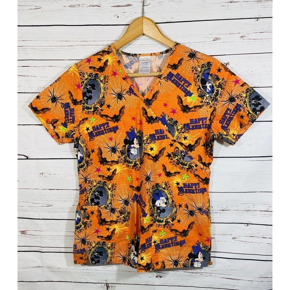 Disney Halloween Scrub Top Womans Size XS Hospital Cotton Orange Medical